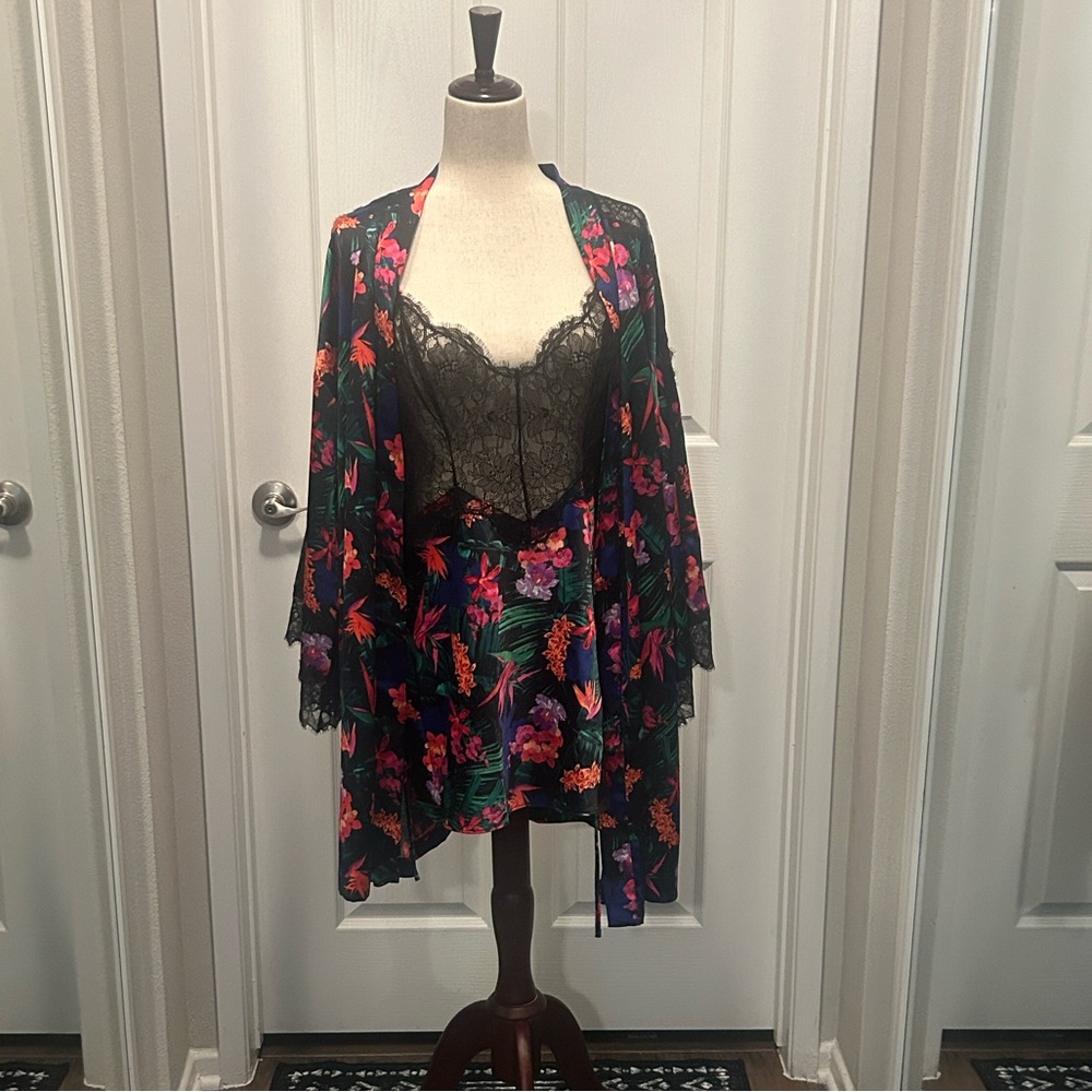 Victoria's Secret Black Floral Robe with dress slip